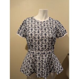 MICHAEL KORS‎ White Navy Embroidered Eyelet Peplum Shirt Top - Womens Size 6
